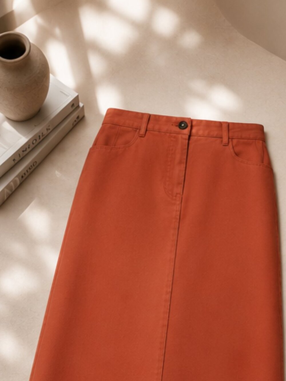 100% Cotton Rust Orange Midi Skirt 10 Quiet Luxury A Line Christopher & Banks - Picture 2 of 6